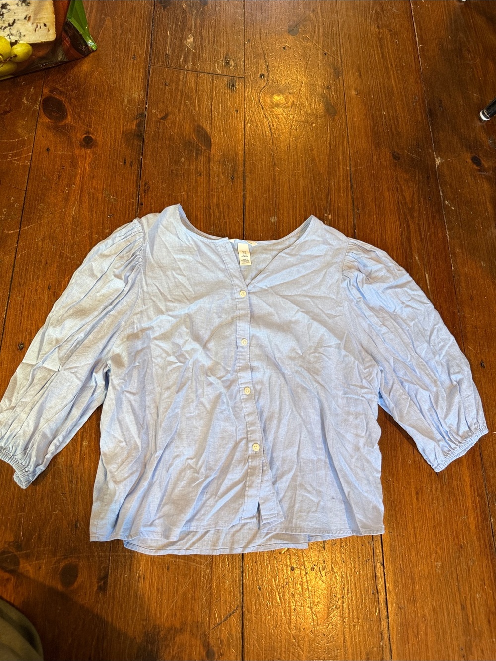 H&M Linen Blend Light Blue 3/4 Sleeve Button-Front Women's Top